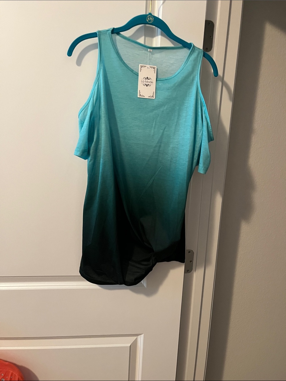La Mode Teal to Black Ombre Cold-Shoulder Blouse